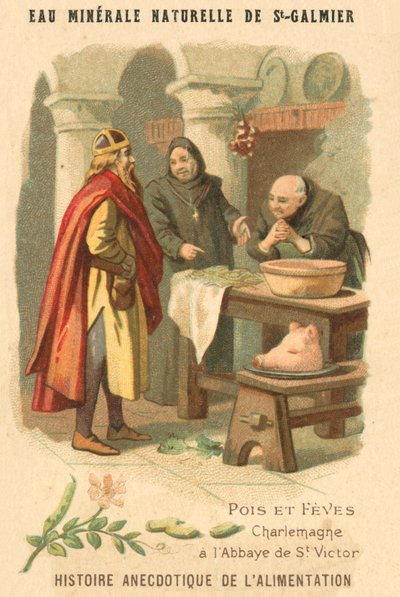Erbsen und Bohnen: Karl der Große in der Abtei von St. Victor (Chromolitho) von French School