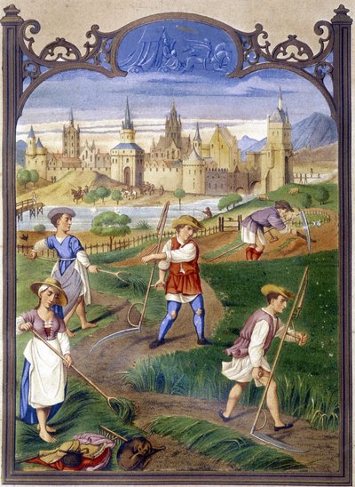 Bauern beim Gras mähen, Reproduktion einer Beleuchtung von French School