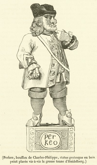 Perkeo, Hofnarr von Karl-Philipp, groteske Holzstatue gegenüber dem großen Fass von Heidelberg von French School