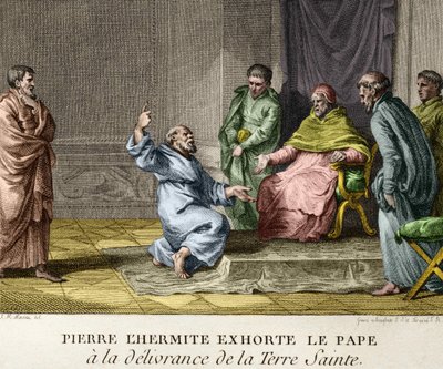 Peter der Einsiedler ermahnt Papst Urban II. zur Befreiung des Heiligen Landes im Jahr 1093 (Peter der Einsiedler predigt den ersten Kreuzzug) - Gravur aus den Figuren der Geschichte Frankreichs, sp. 18. Jahrhundert von French School