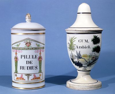 Apothekergefäße für Pilule de radius und Gummi Arabicum (Faience) von French School