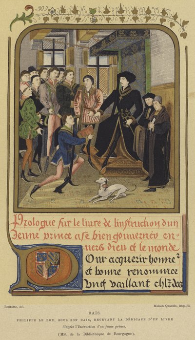 Philipp der Gute, Herzog von Burgund, auf einem Podest sitzend und ein Buch empfangend, 15. Jahrhundert von French School