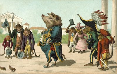 Schwein als General verkleidet (Farblithografie) von French School