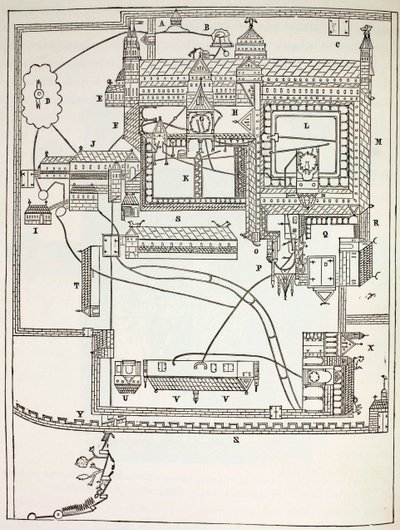 Plan des Benediktinerklosters in Canterbury im 12. Jahrhundert, aus Militär- und Religionsleben im Mittelalter von Paul Lacroix, veröffentlicht in London ca. 1880 von French School