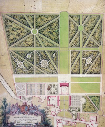 Plan des Schlosses und Parks in Roissy, im Besitz des Comte de Caraman von French School