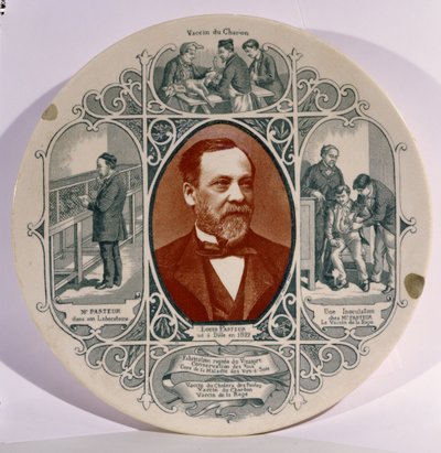 Teller mit einem Foto von Louis Pasteur (1822-95) von Pierre Petit (1832-1909) und Szenen aus seinem Leben von French School