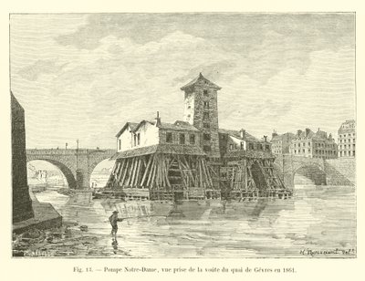 Notre-Dame-Pumpe, Ansicht vom Gewölbe des Quai de Gesvres im Jahr 1861 von French School