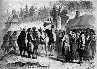Papst übersetzt und liest ein Ukas (Ukase) des Kaisers von Russland (Alexander II.) an polnische Analphabeten von French School