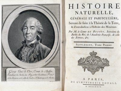 Porträt und Titelseite von „Histoire naturelle, générale et particulière“ von Buffon von French School