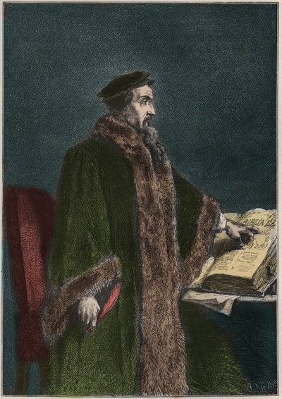 Porträt von Jean Calvin (Jean Cauvin) (1509-1564), französischer Religionsreformer und Schriftsteller - John Calvin - Gravur aus L