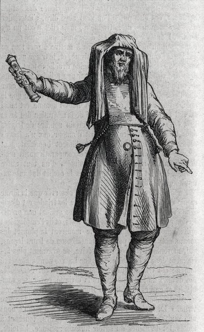 Porträt eines jüdischen Mannes, der die Mesusoth (Mezouzoth, Mezouzah, Mezouza) hält. Gravur in „Le Magasin Pittoresque“ von French School