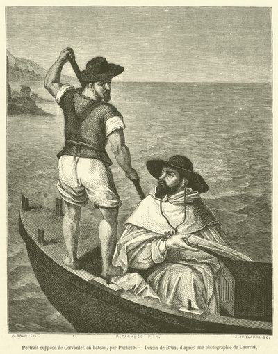 Vermutetes Porträt von Cervantes im Boot (Stich) von French School