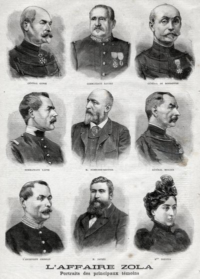 Porträts der Hauptzeugen in der Dreyfus-Zola-Affäre in „Le Petit Journal“, 27. Februar von French School