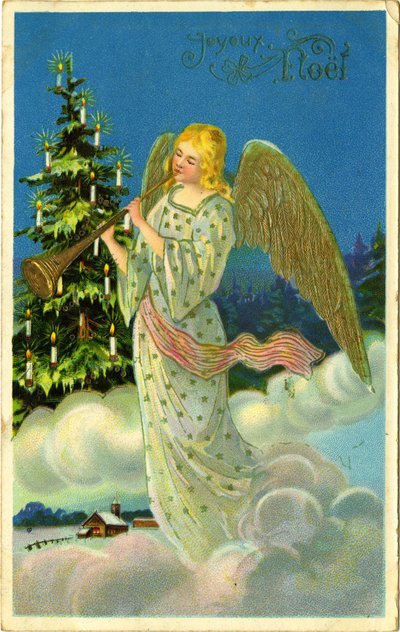 Postkarte, Weihnachtsgrüße: Engel mit Trompete auf Wolken. Anfang des 20. Jahrhunderts von French School