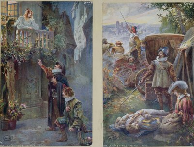 Postkarten darstellend Cyrano de Bergerac mit Roxanne und den Tod von Christian, ca. 1900 von French School