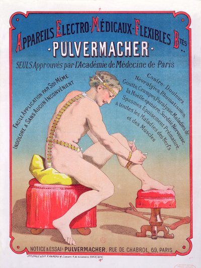 Plakat, das eine Elektro-Medizinische Körpermassage- und Stimulationsmaschine Pulvermacher bewirbt, 1884 von French School