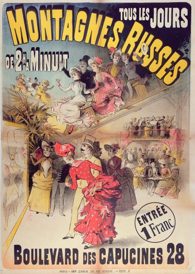 Plakat, das die Montagnes Russes Achterbahn im Boulevard des Capucines, Paris, 1888 bewirbt von French School