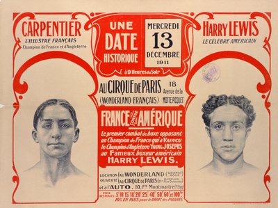 Plakat, das den Boxkampf zwischen Carpentier und Harry Lewis, 1911, bewirbt von French School