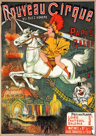 Plakat für eine Reitzeitschrift im „Nouveau Cirque“ in der Rue Saint-Honoré in Paris von French School