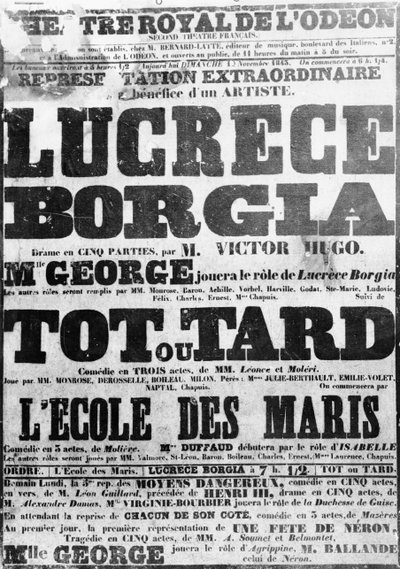 Plakat für die Aufführung von Lucretia Borgia im Odeon, 1843 von French School