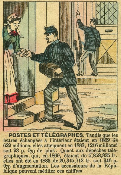 Post und Telegraphen, die das gute Funktionieren der Telekommunikation und der Post dank der Republik veranschaulichen. Gravur in „Le Figaro, Supplement“, am 30.03.1889, Paris. Sammlung Selva. von French School