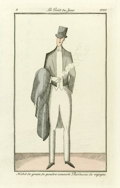 Pulverisiertes Getreidehabit bedeckt. Vicuna-Mantel aus Costumes Parisiens, veröffentlicht 1912 von French School