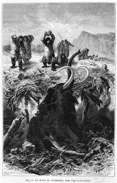 Prähistorische Menschen jagen ein Mammut, Illustration aus 