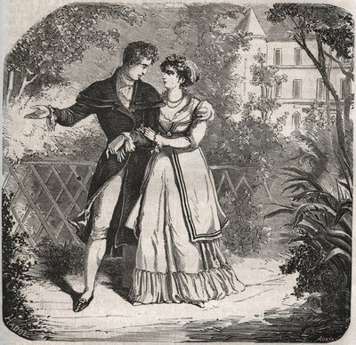 Prinzessin von Wales Carolina von Braunschweig (1768-1821) spaziert mit ihrem Liebhaber Bartolomeo Bergami. Gravur von 1871 in „Histoire Des Cocus Célèbres“ von Henry de Kock (1819-1892). von French School