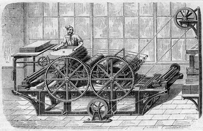 Druck einer Zeitung: mechanische Presse zum Drucken von Drucken von French School
