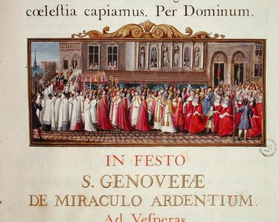 Prozession des Reliquiars der Heiligen Genoveva, aus einem Manuskript für eine Messe zu Ehren der Heiligen Genoveva von French School