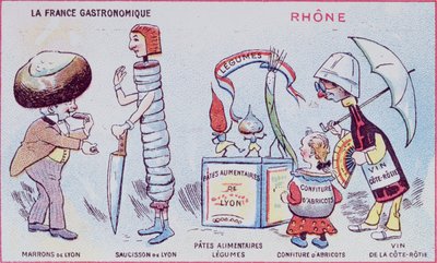 Werbe- und Bildungskarte für Kinder, die Lebensmittelspezialitäten der Region Rhone darstellen, ca. 1900 von French School