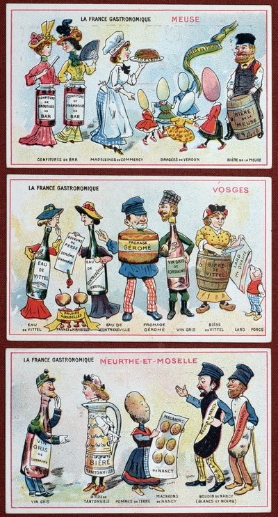 Werbe- und Bildungskarten für Kinder, die Lebensmittelspezialitäten der Region Lothringen darstellen, ca. 1910 von French School