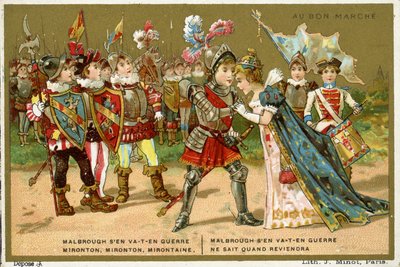 Werbekarte für das Pariser Kaufhaus Au Bon Marché, die eines der beliebtesten Volks- und Kinderlieder in der französischen Sprache darstellt, Marlbrough sen va-t-en guerre (Marlborough ist gegangen) von French School