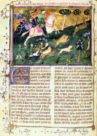 Verfolgung eines Rehbocks, aus Livre de la Chasse, Originaltext geschrieben von Gaston III, Comte de Foix Phebus le Chasseur (1331-91) Avignon, 1387-89 von French School