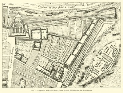 Viertel Saint-Paul und das Arsenal im Jahr 1650, Faksimile des Plans von Gomboust von French School