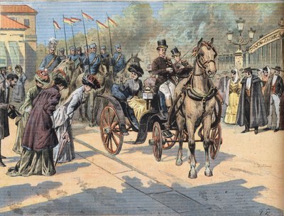 Königin Marie Christine de Teschen (1858-1929) begrüßt die Königinnen der Pariser Märkte, aus der Zeitung "Le Petit Parisien" von French School