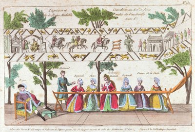 Königin Mathilda und ihre Dienerinnen weben den Teppich von Bayeux, Szene aus einer Vaudeville-Aufführung von French School