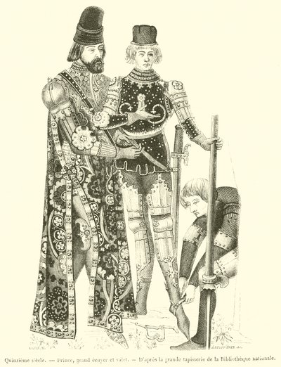 15. Jahrhundert, Prinz, Oberstallmeister und Diener (Gravur) von French School