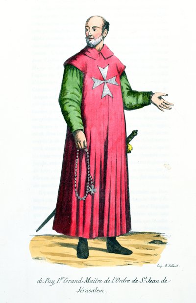 Raymond de Puy, erster Großmeister des Ordens von St. Johann von Jerusalem, Illustration aus Geschichte und Kostüme der Mönchsorden von Pater Helyot, 1842 von French School