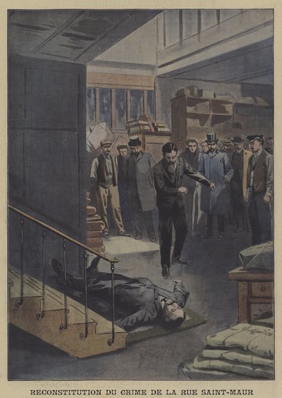 Rekonstruktion eines Mordes in der Rue Saint-Maur, Paris (Farblithografie) von French School
