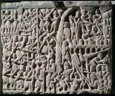 Relief, das die Belagerung von Carcassonne durch Simon de Montfort im Jahr 1209 darstellt von French School