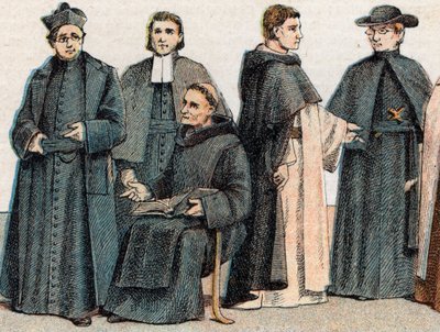Religiöse Kostüme: von links nach rechts Porträt eines Jesuiten, eines Maristenbruders (Marcellin Champagnat), eines Benediktinermönchs, eines Dominikanermönchs und eines Oblaten von French School