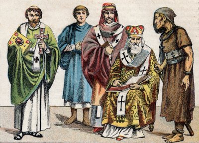 Religiöse Kostüme in der Antike: von links nach rechts Porträt eines byzantinischen Diakons, eines christlichen Priesters des ersten Jahrhunderts, eines Bischofs im 5. Jahrhundert, eines byzantinischen Patriarchen und eines Anachoreten von French School