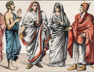 Religiöse Kostüme in der Antike: von links nach rechts Porträt eines griechischen Priesters, eines Opferritualministers, eines Pontifex Maximus im antiken Rom, einer Vestalin, einer Priesterin des antiken Rom und eines Flamen von French School