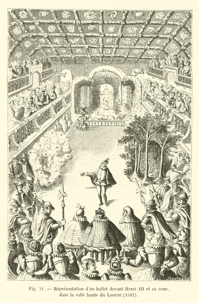 Darstellung eines Balletts vor Heinrich III. und seinem Hof, im oberen Saal des Louvre, 1582 von French School