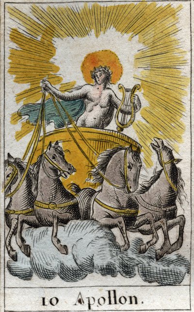 Darstellung von Apollo, Gott des Gesangs, der Musik und der Poesie, auf seinem Wagen. Aus „Mythologie der Jugend“ von Pierre Blanchard 1803. von French School