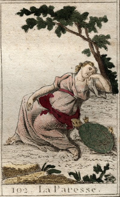 Darstellung der Faulheit, Tochter der Nacht und des Schlafes, als junger Mann mit einer Schildkröte. Aus „Mythologie der Jugend“ von Pierre Blanchard 1803 von French School