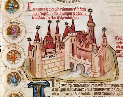 Darstellung einer befestigten Stadt ähnlich der von Jerusalem. Seite aus dem Manuskript Genealogie der Bibel der französischen Schule. 14. Jahrhundert. Cremona, Biblioteca Governativa von French School
