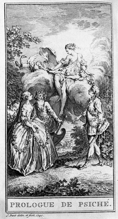 Darstellung einer Szene aus dem Stück „Prologue de Psyche“ von Jean Baptiste Poquelin genannt Moliere (1622-1673). Gravur von 1740. von French School