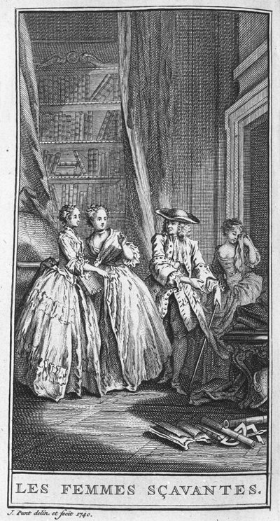 Darstellung einer Szene aus dem Stück "Les femmes savantes" (1672) von Jean Baptiste Poquelin dit Moliere (1622-1673). Gravur von 1740. von French School